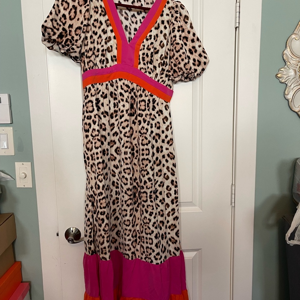 Bright pink Leopard Colorblock Patchwork Bubble Sleeve Maxi Dress